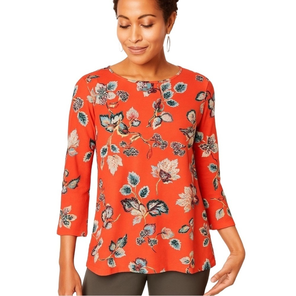 J. JILL Wearever Collection Coral Ditsy Floral Print Elbow Tee